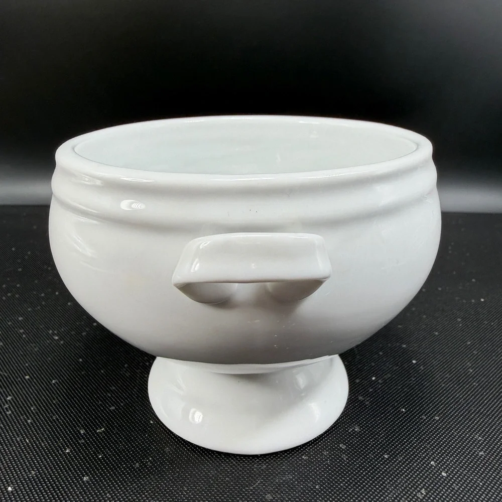 Crate & Barrel White Porcelain Footed Soup Bowls Set 2 Lion Head Style Handles